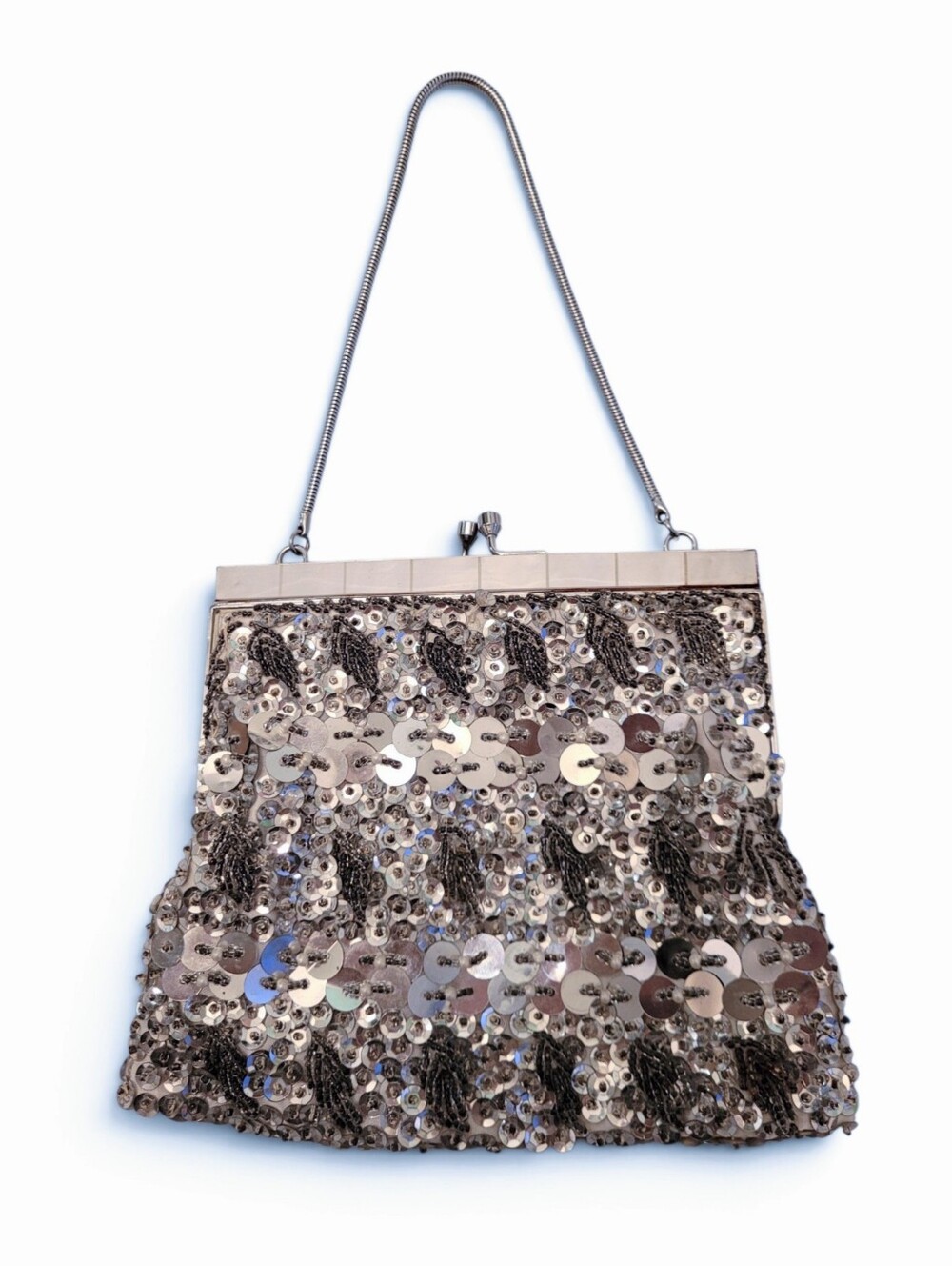 Vintage Sequin Evening Mini Clutch with Chain Handle Silver Grey